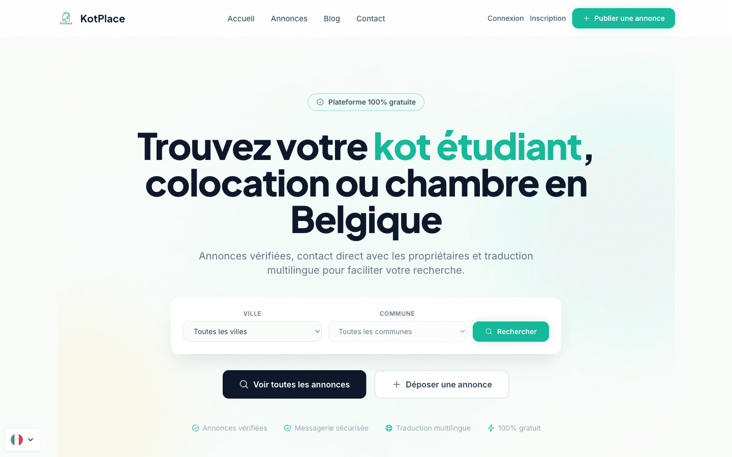 Kotplace - Plateforme de location de kots étudiants en Belgique avec messagerie instantanée intégrée. Recherche géolocalisée et gestion des annonces.