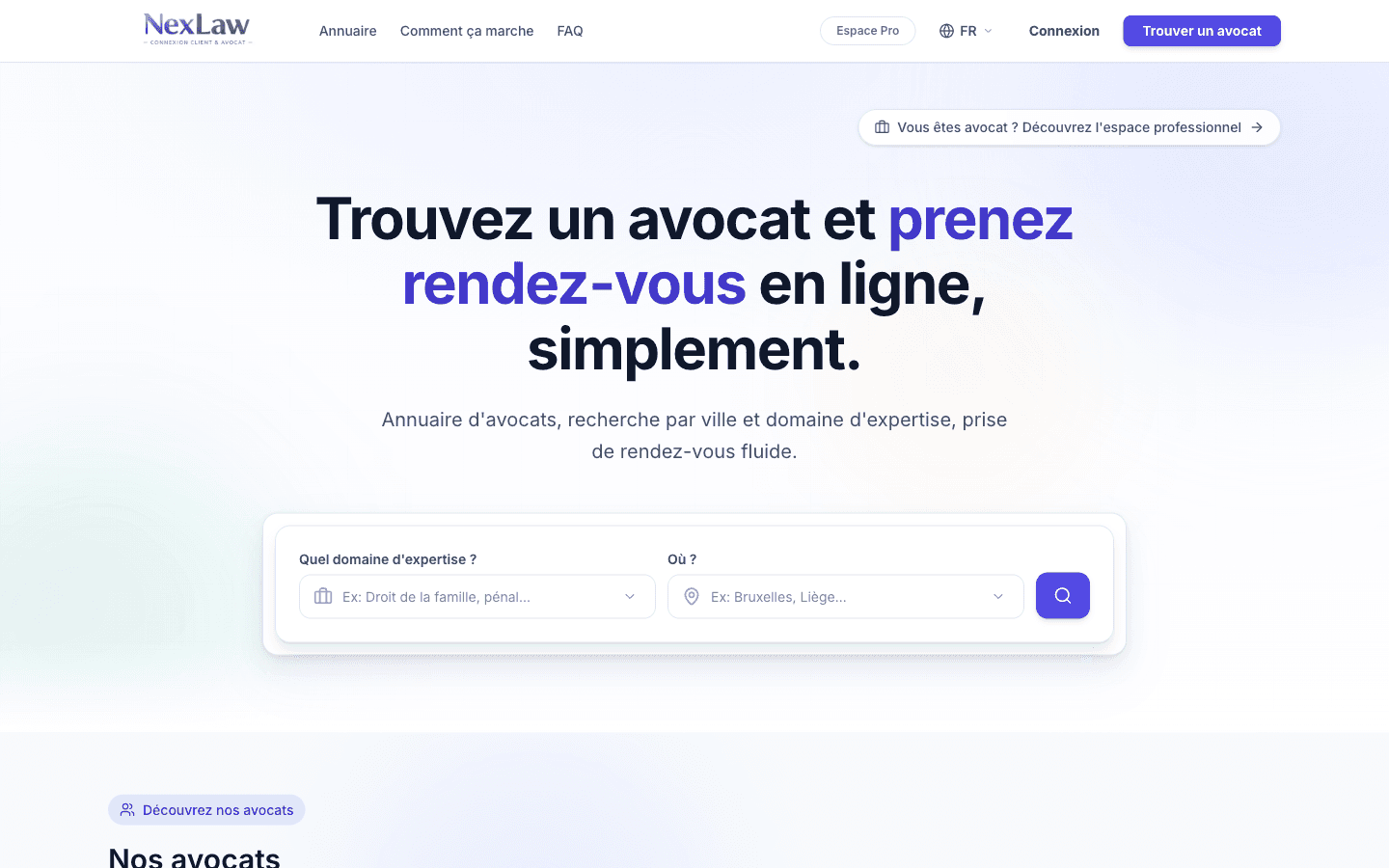 NexLaw - Le Doctolib des avocats : plateforme de prise de RDV pour clients et SaaS complet de gestion de cabinet pour avocats. Interface multilingue et fonctionnalités avancées.